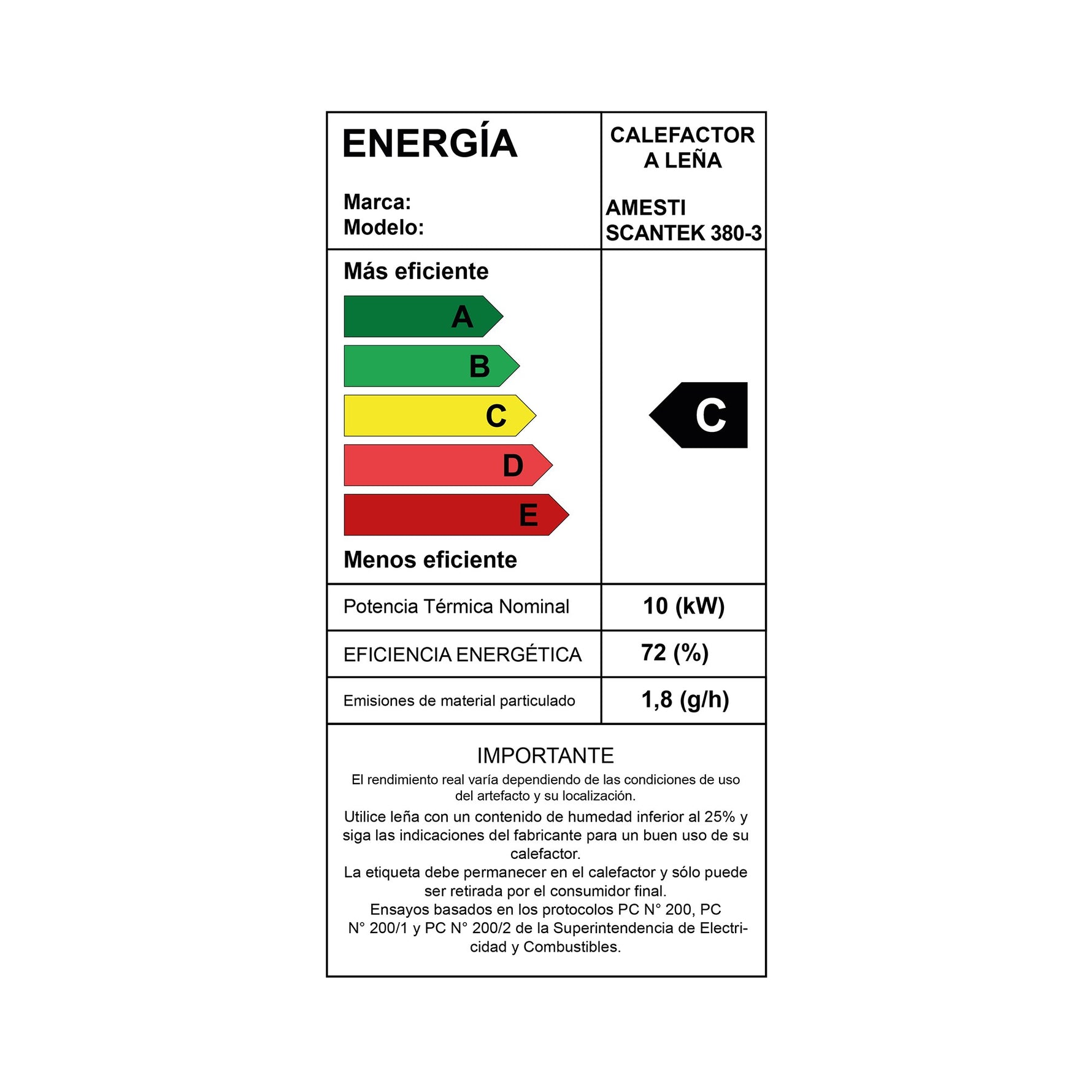 Eficiencia Estufa a leña Amesti Scantek 380