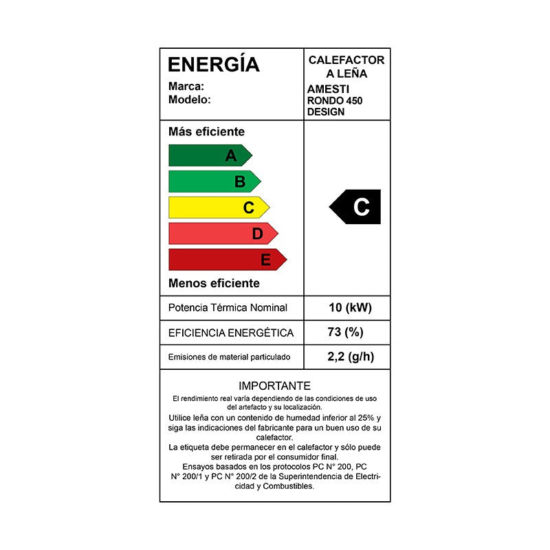 Eficiencia energética C. Estufa a Leña Amesti Rondo 450 Design.