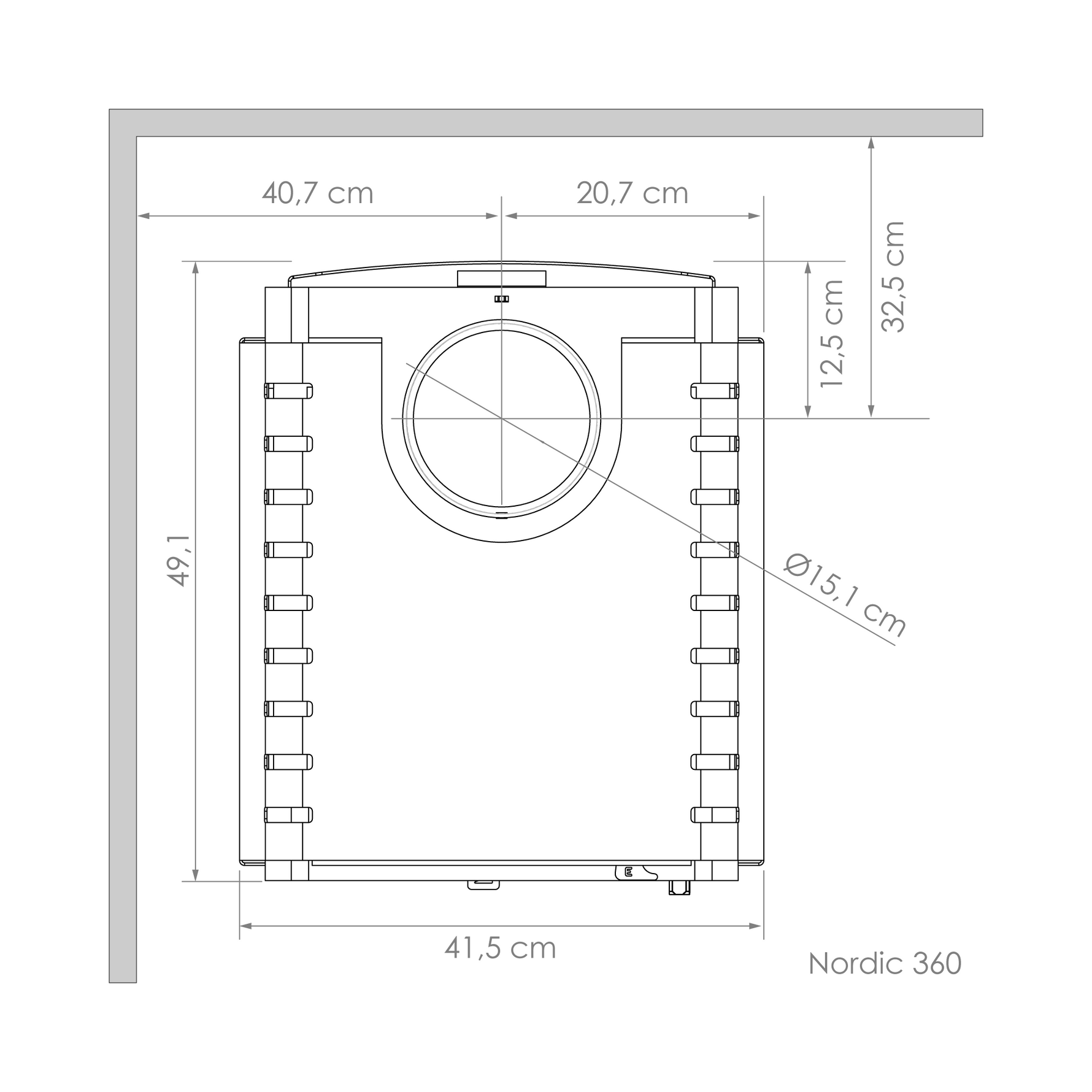 Detalle de medidas de la Estufa a leña Nordic 360 Charcoal.