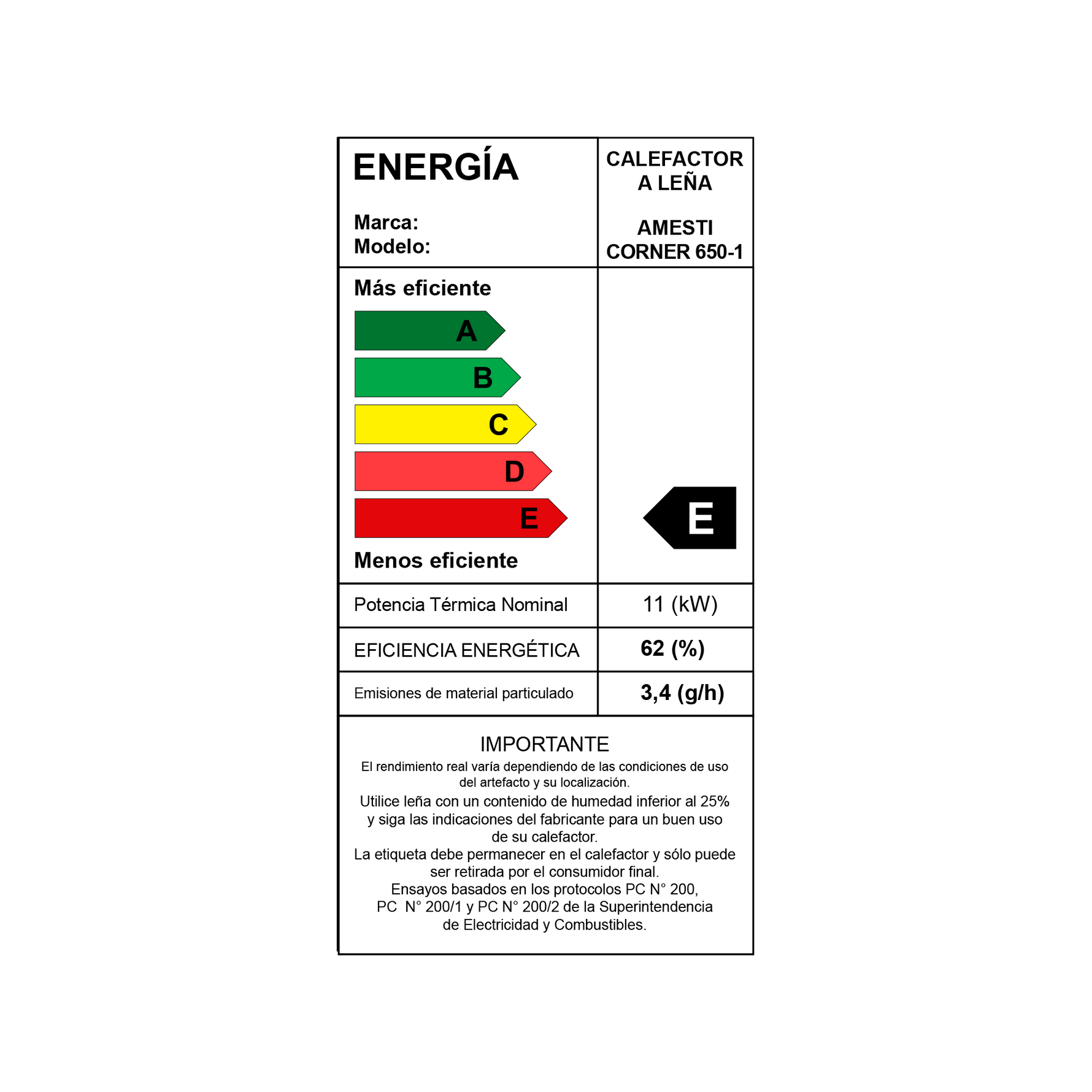 Eficiencia Estufa a leña Amesti Corner 650