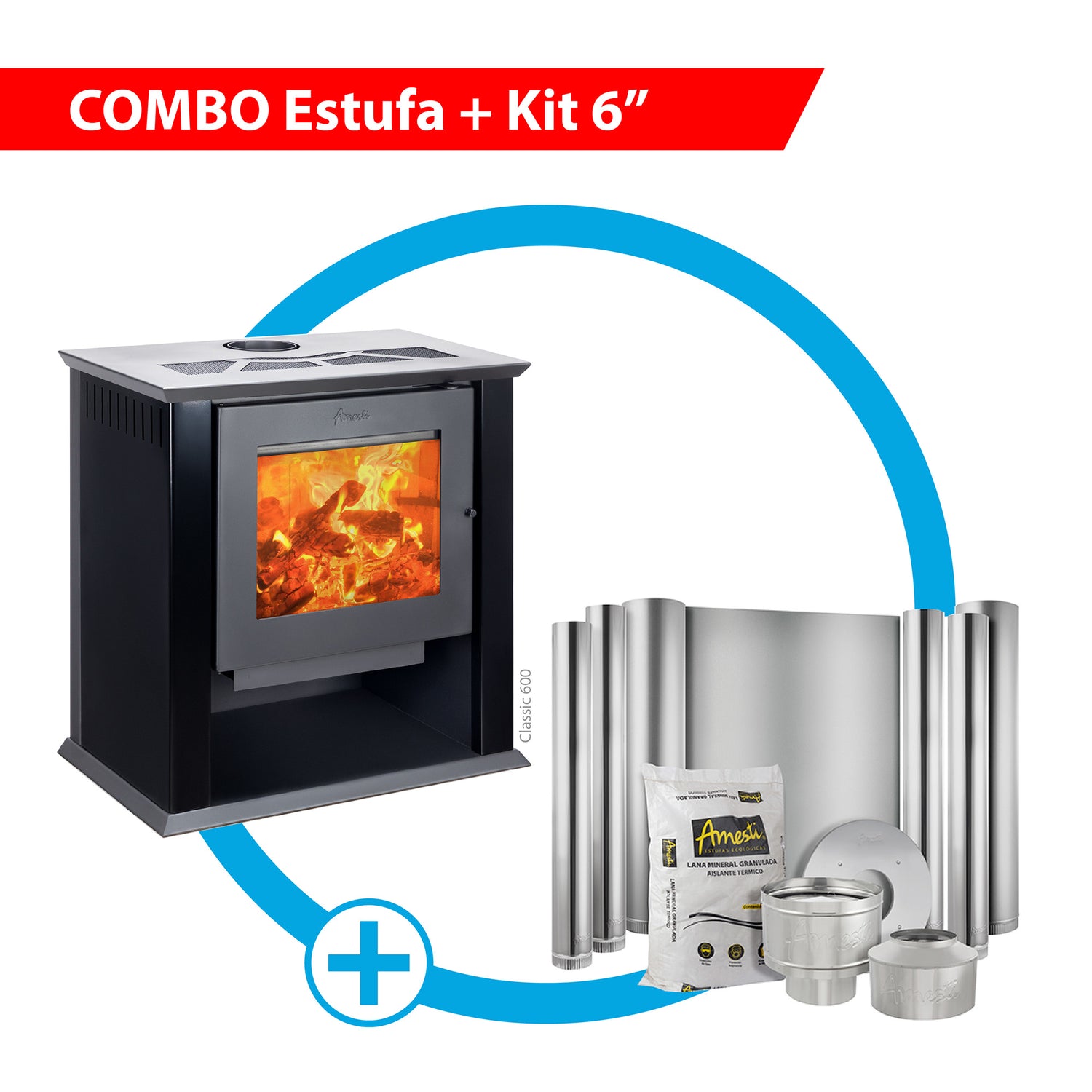 Combo Estufa a leña Classic 600 negro + Kit de instalación 6"