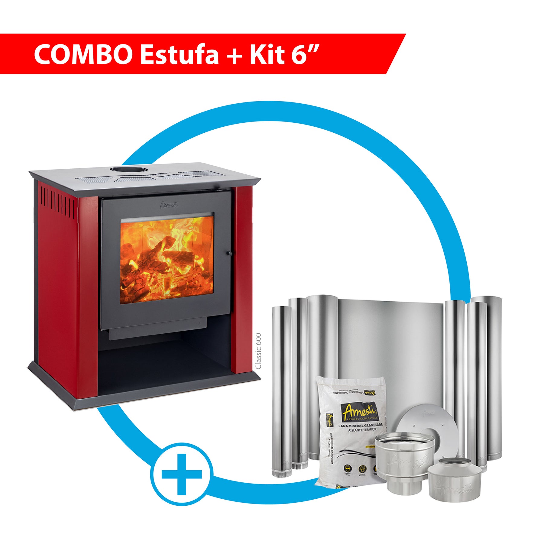 Combo Estufa a leña Classic 600 rojo + Kit de instalación 6"