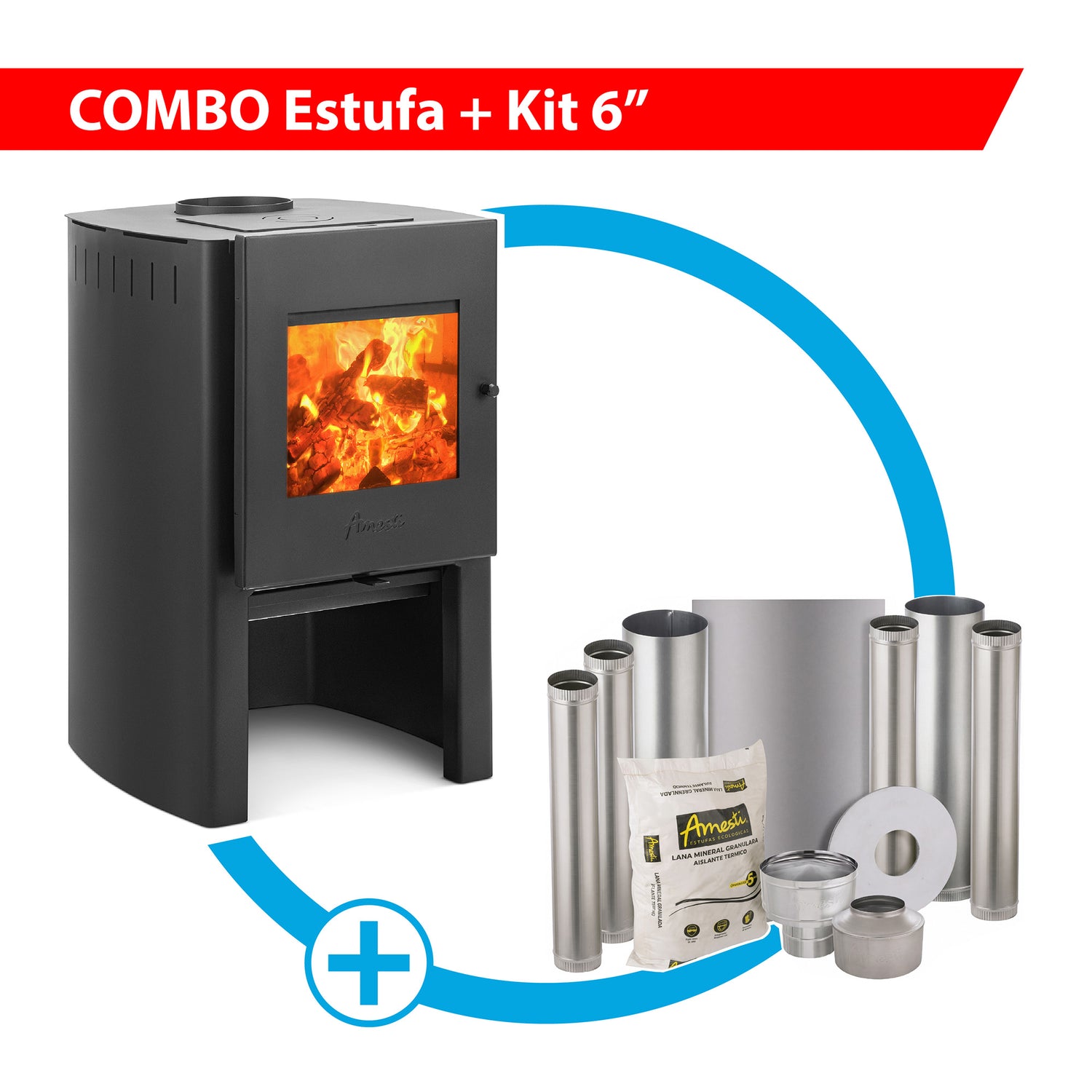 Combo Estufa a leña Firelog 380 más Kit de instalación 6" Amesti