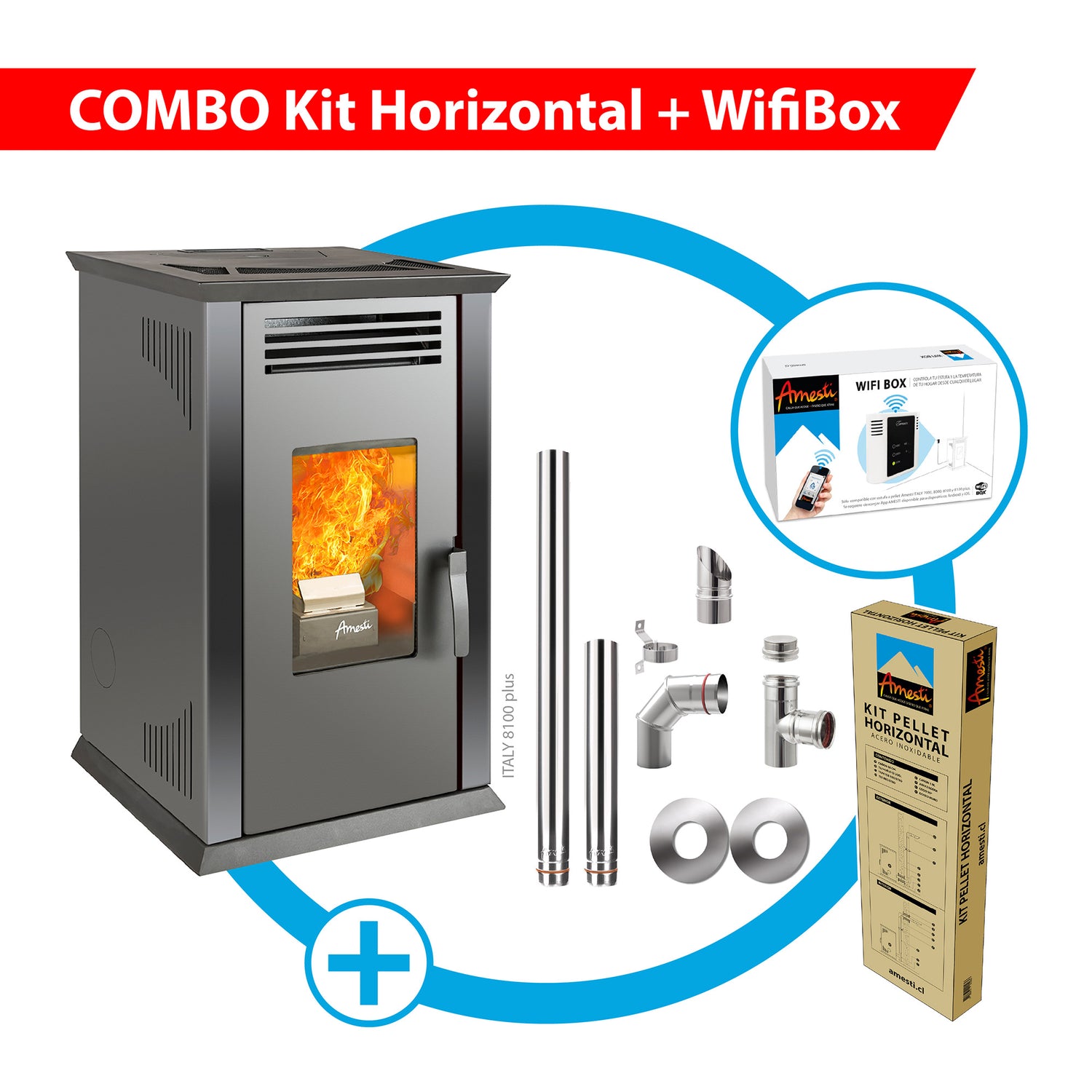 Combo Estufa Italy 8100 Plus + Kit Instalación Horizontal + Wifi Box
