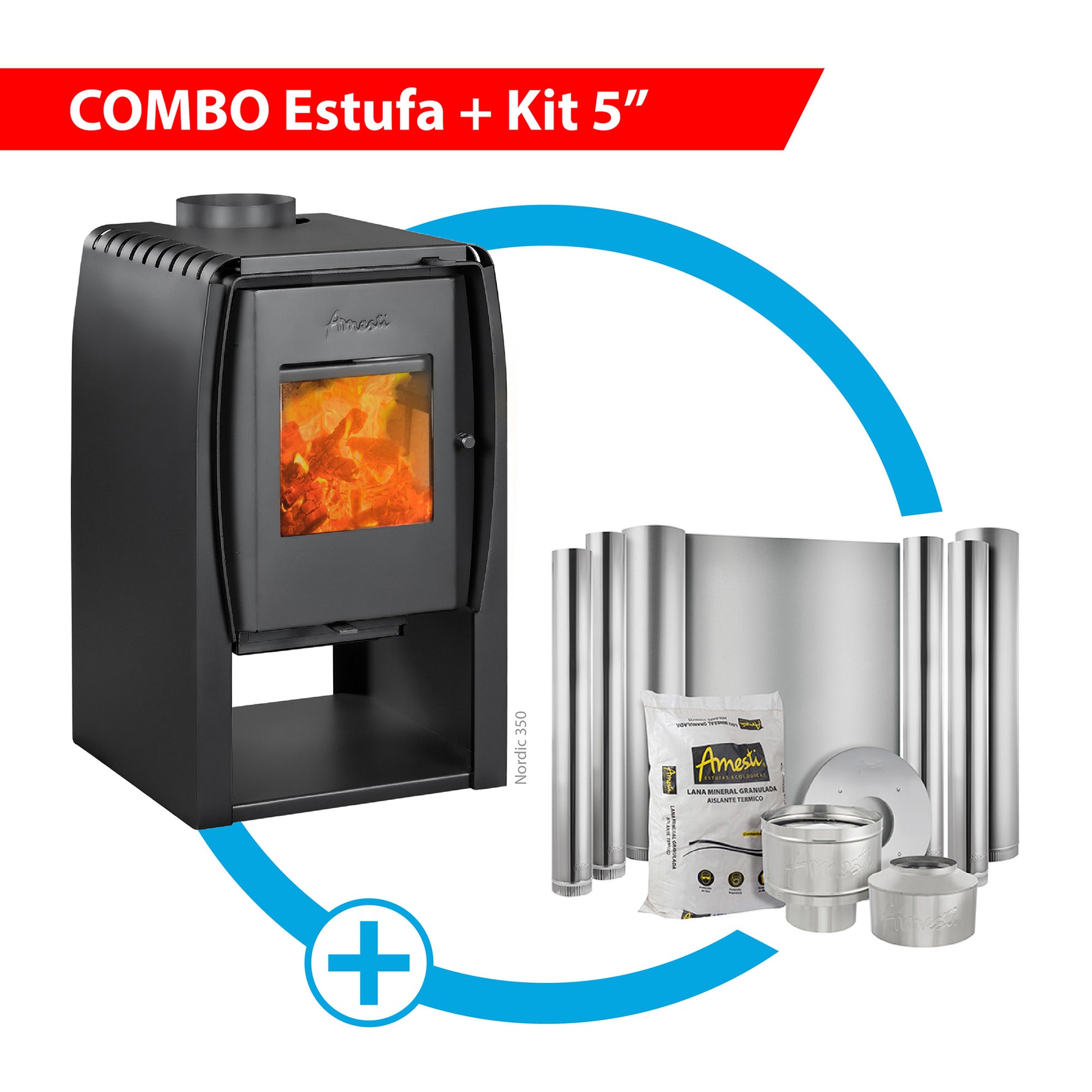 Combo Estufa a leña Nordic 350 + Kit de instalación 5" Amesti