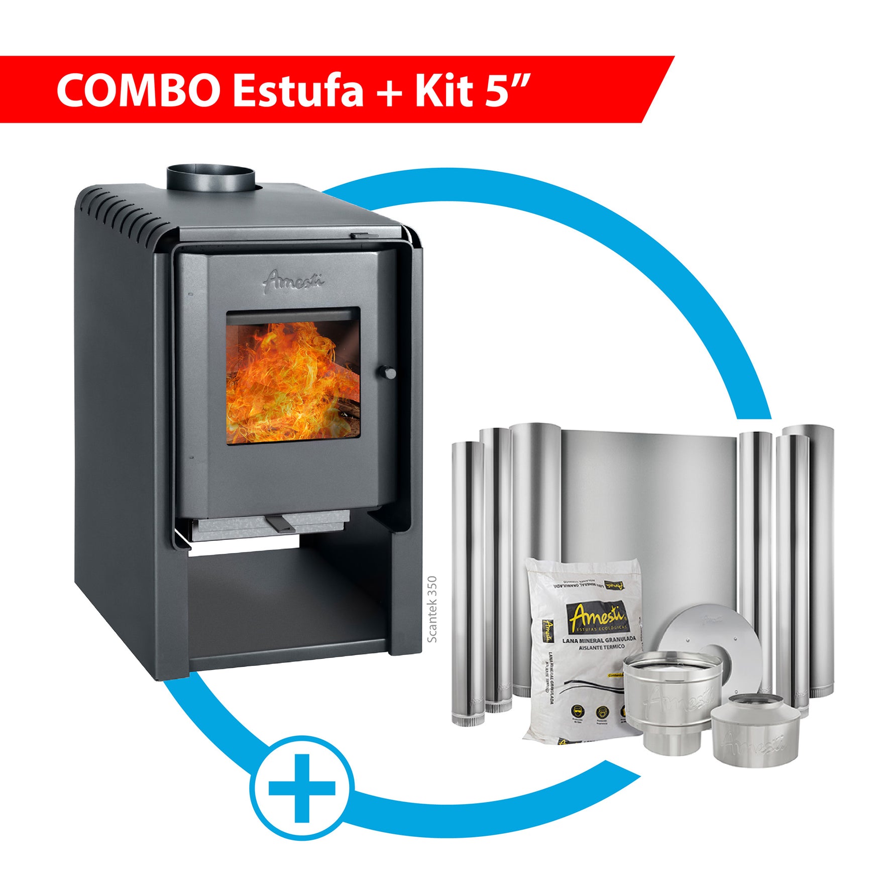 Combo Estufa a leña Scantek 350 + Kit de instalación 5" Amesti