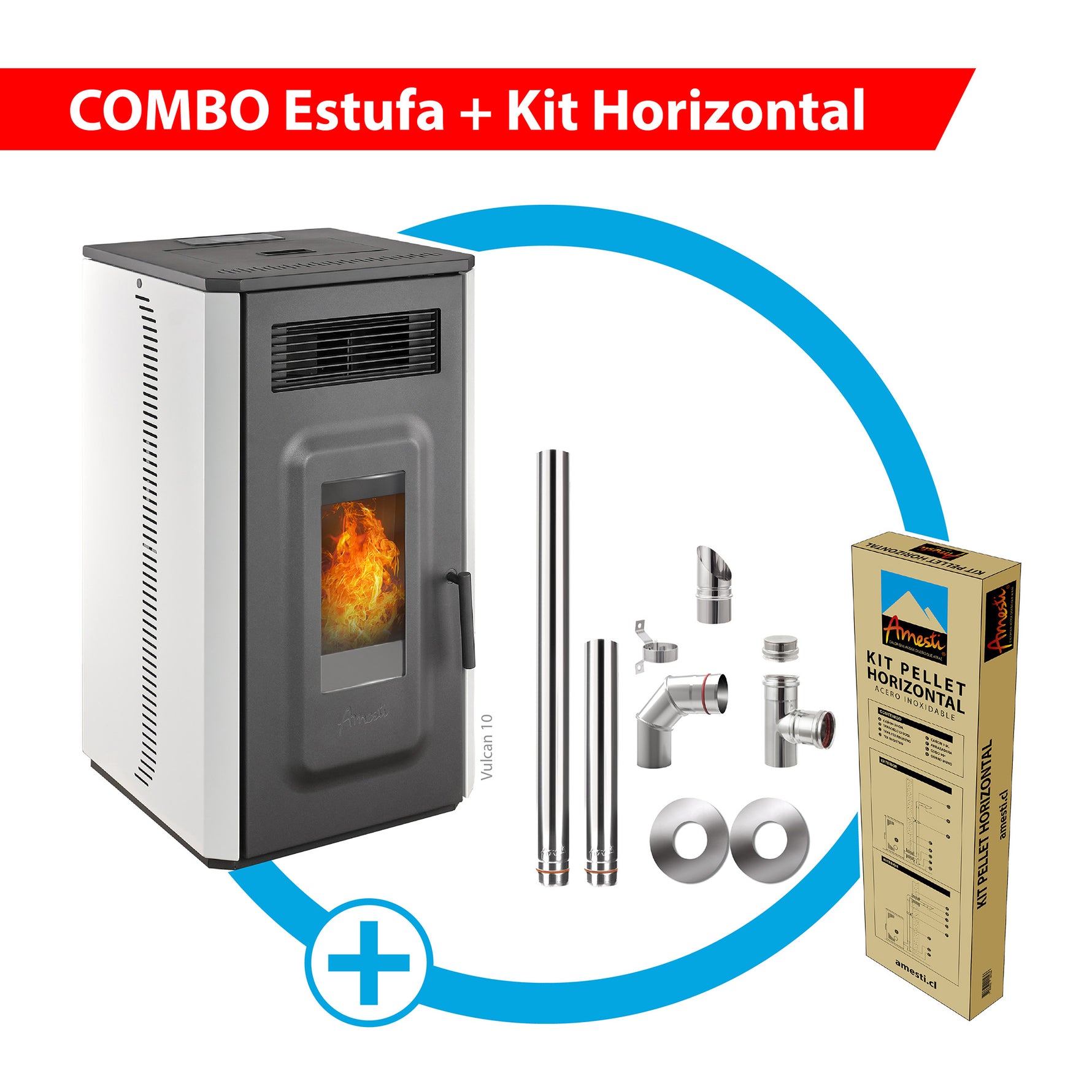 Combo Estufa a pellet Vulcan 10 blanco + Kit de instalación Horizontal
