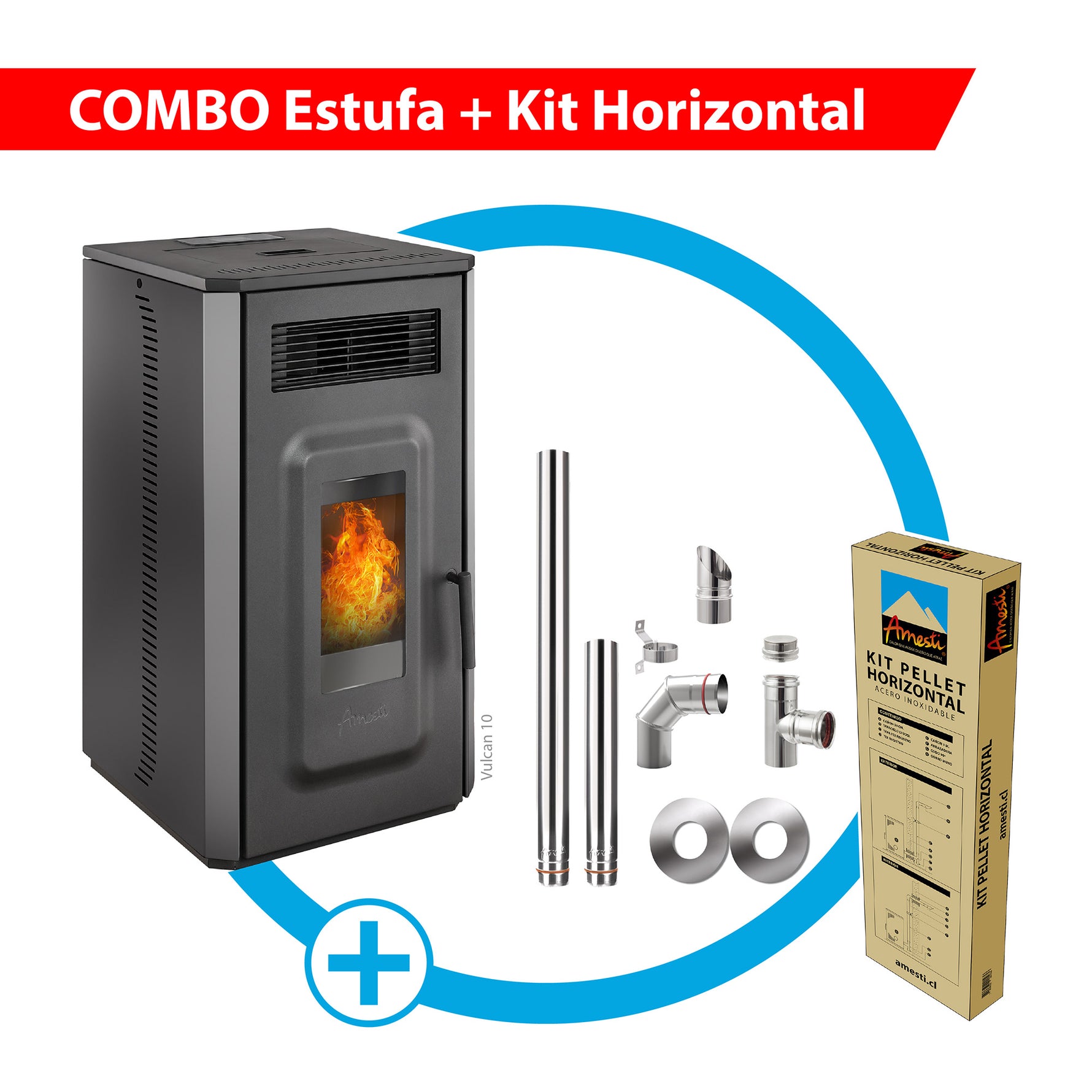 Combo Estufa a pellet Vulcan 10 negro + Kit de instalación Horizontal
