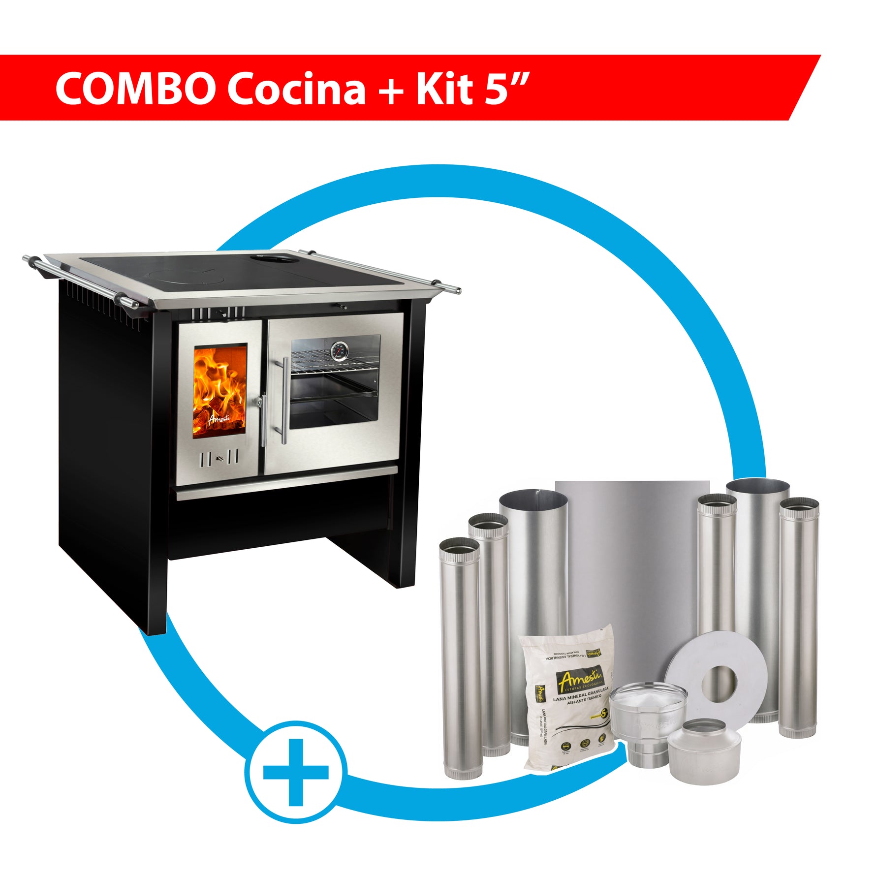 Combo Cocina a leña Allegra inox negro Amesti