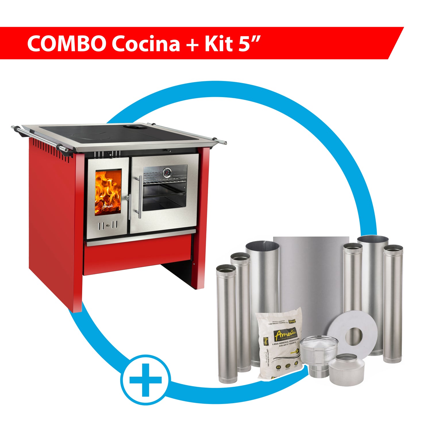 Combo Cocina a leña Allegra inox rojo Amesti
