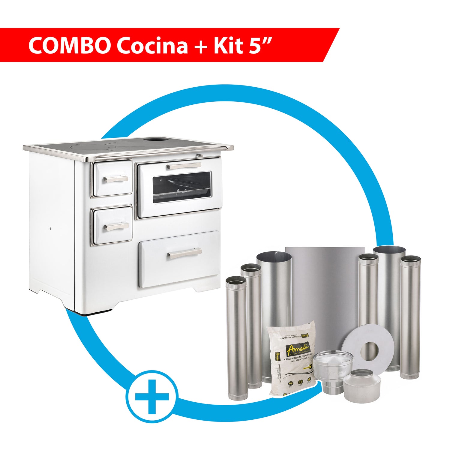Combo Cocina a leña Angelina blanco + Kit de instalación 5" Amesti