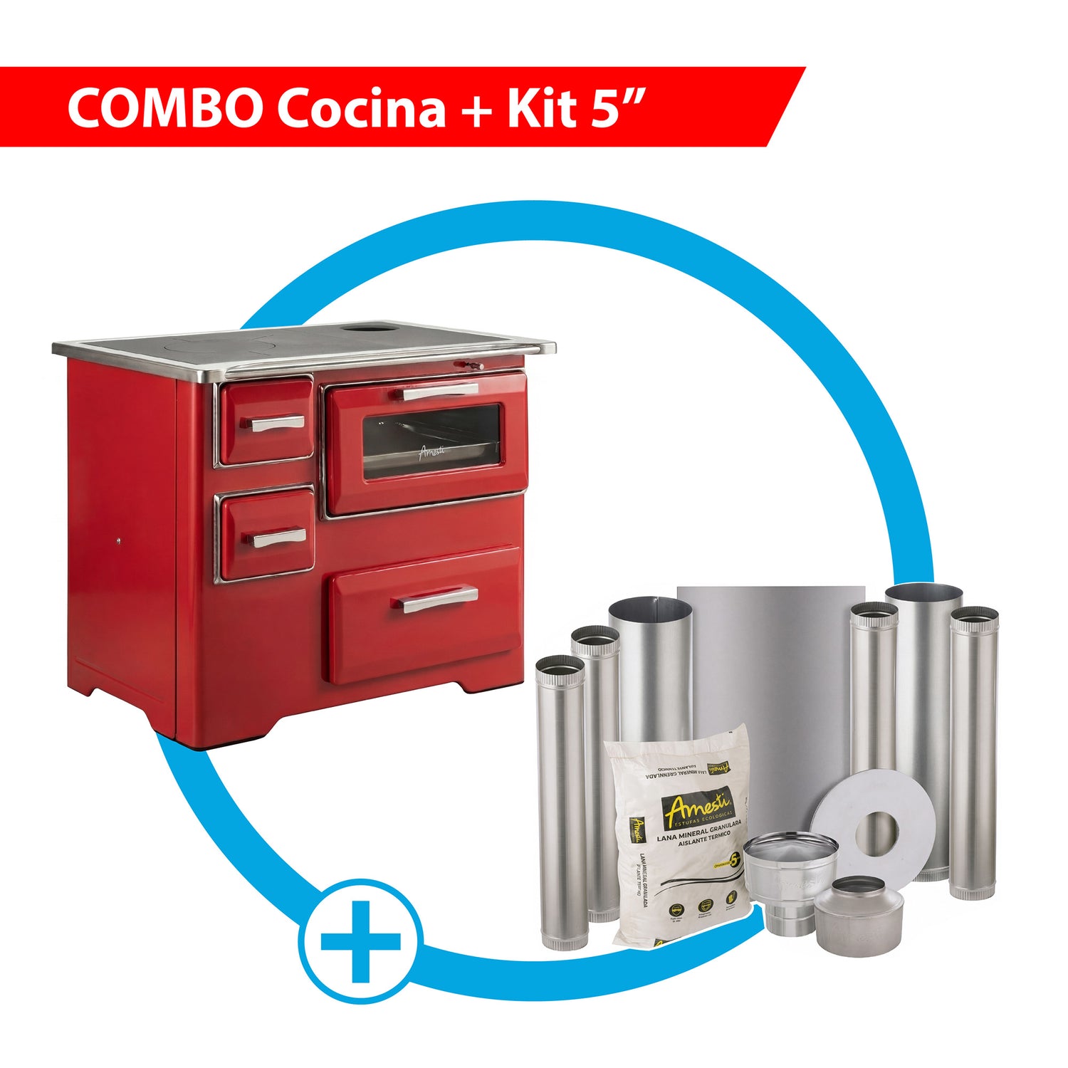 Combo Cocina a leña Angelina rojo + Kit de instalación 5" Amesti