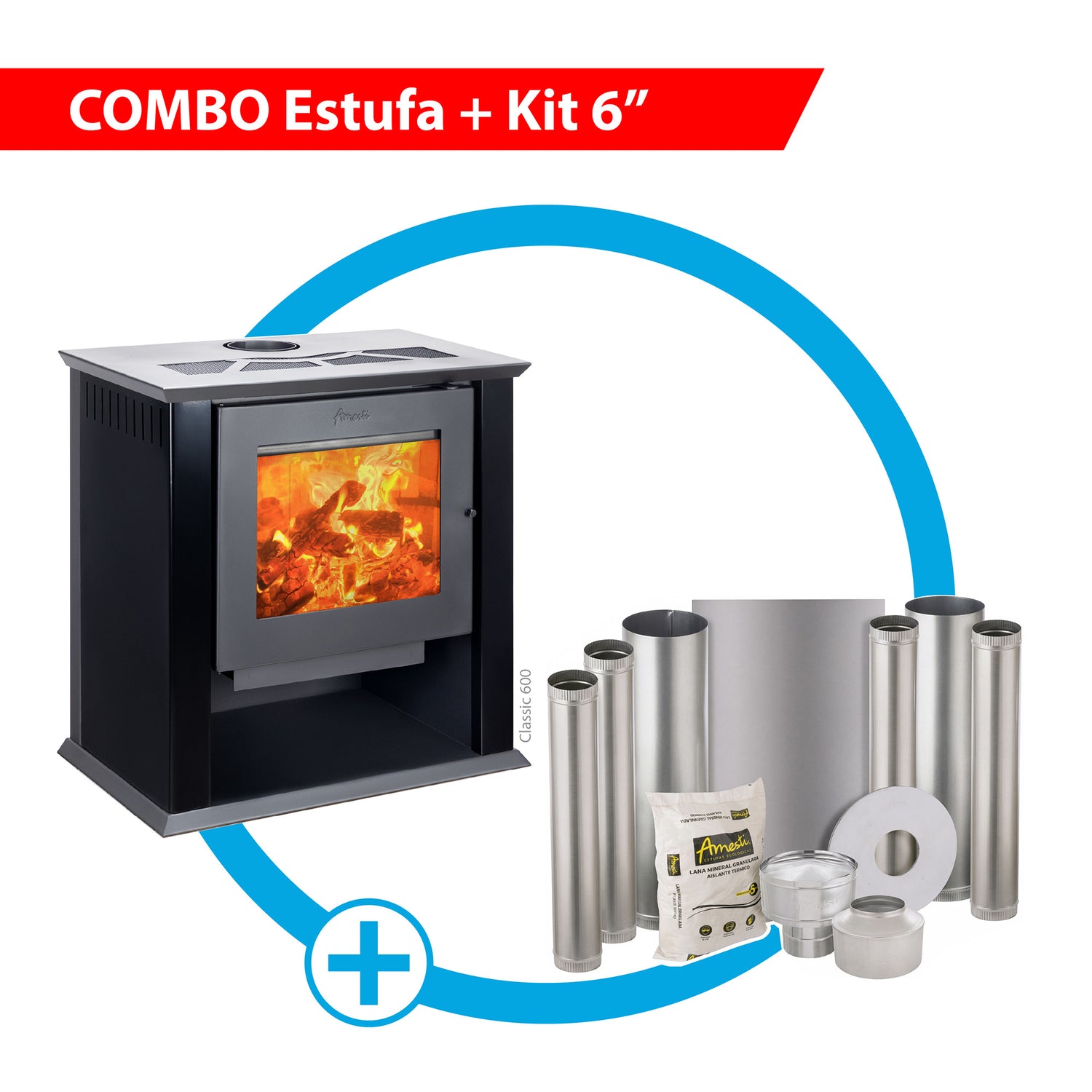 Combo Estufa a leña Classic 600 negro + Kit de instalación 6" Amesti