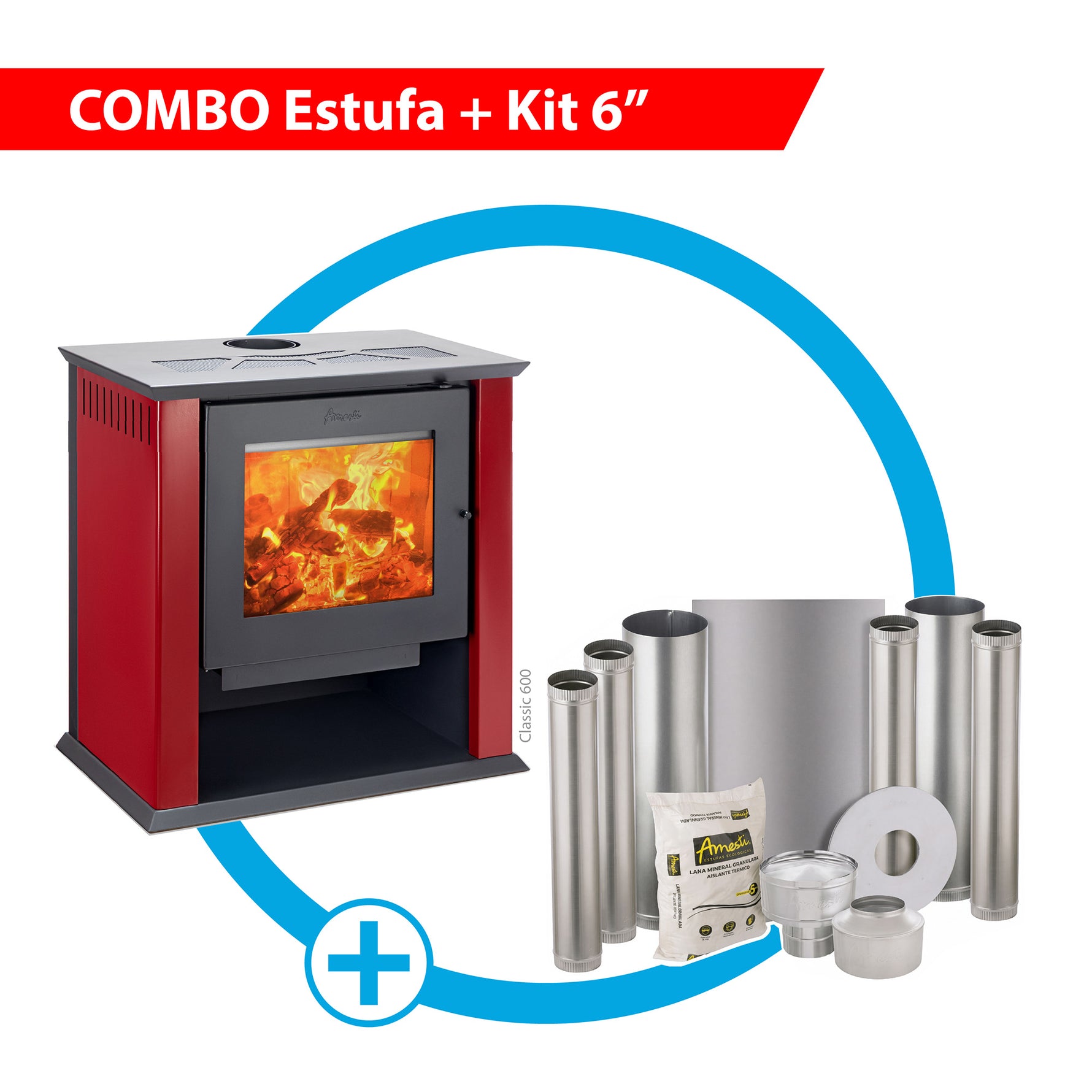 Combo Estufa a leña Classic 600 rojo + Kit de instalación 6" Amesti