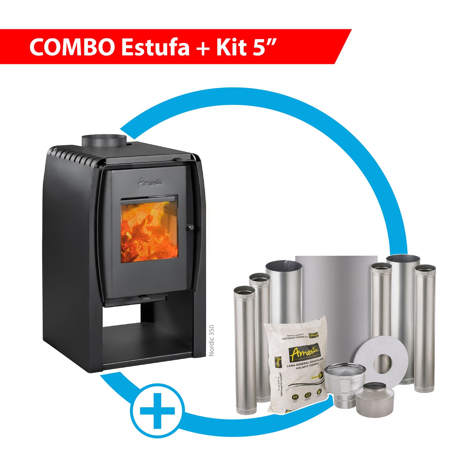 Combo Estufa a leña Nordic 350 + Kit de instalación 5" Amesti