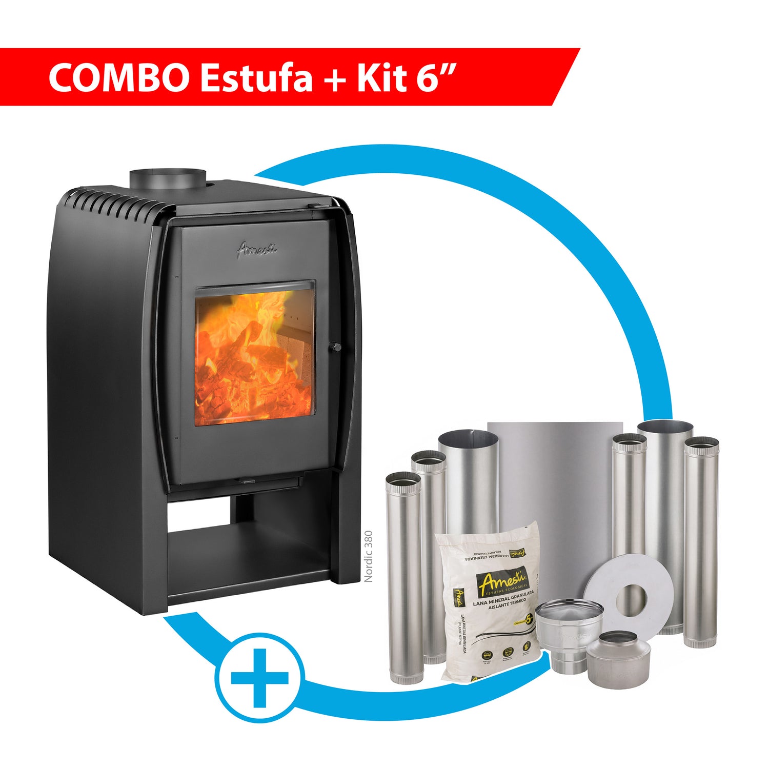 Combo Estufa a leña Nordic 380 + Kit de instalación 6" Amesti