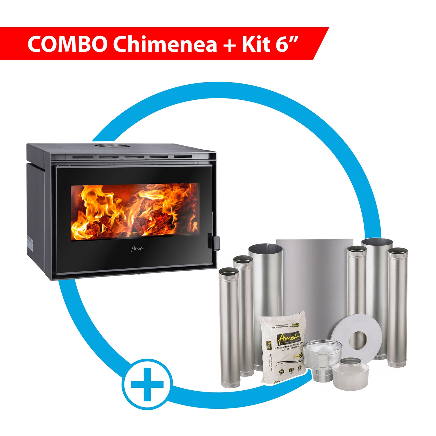 Combo Chimenea Inserto 800 Palladio + Kit de instalación 6" Amesti