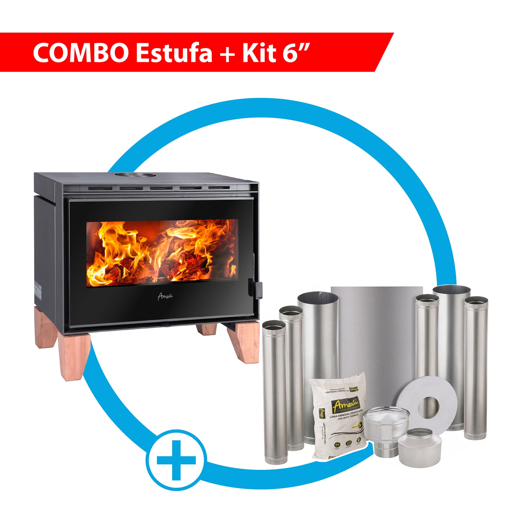 Combo Estufa Palladio Wooden Freestanding + Kit de instalación 6" Amesti