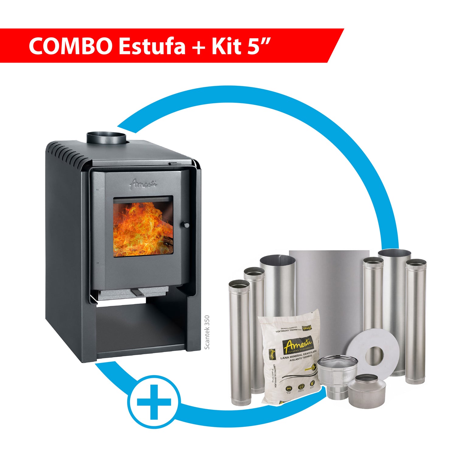 Combo Estufa a leña Scantek 350 más Kit de instalación 5" Amesti