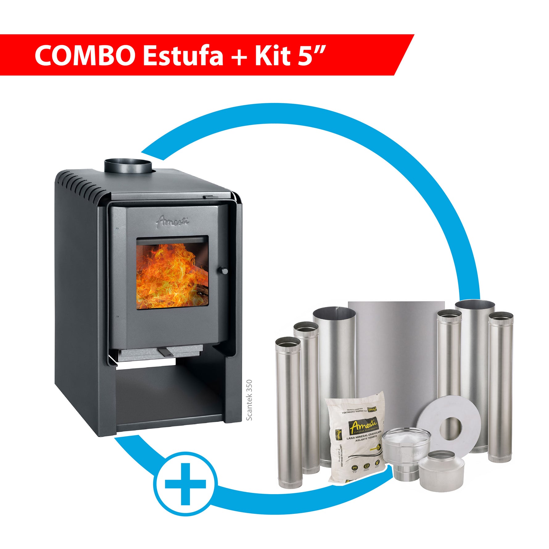 Combo Estufa a leña Scantek 350 más Kit de instalación 5" Amesti
