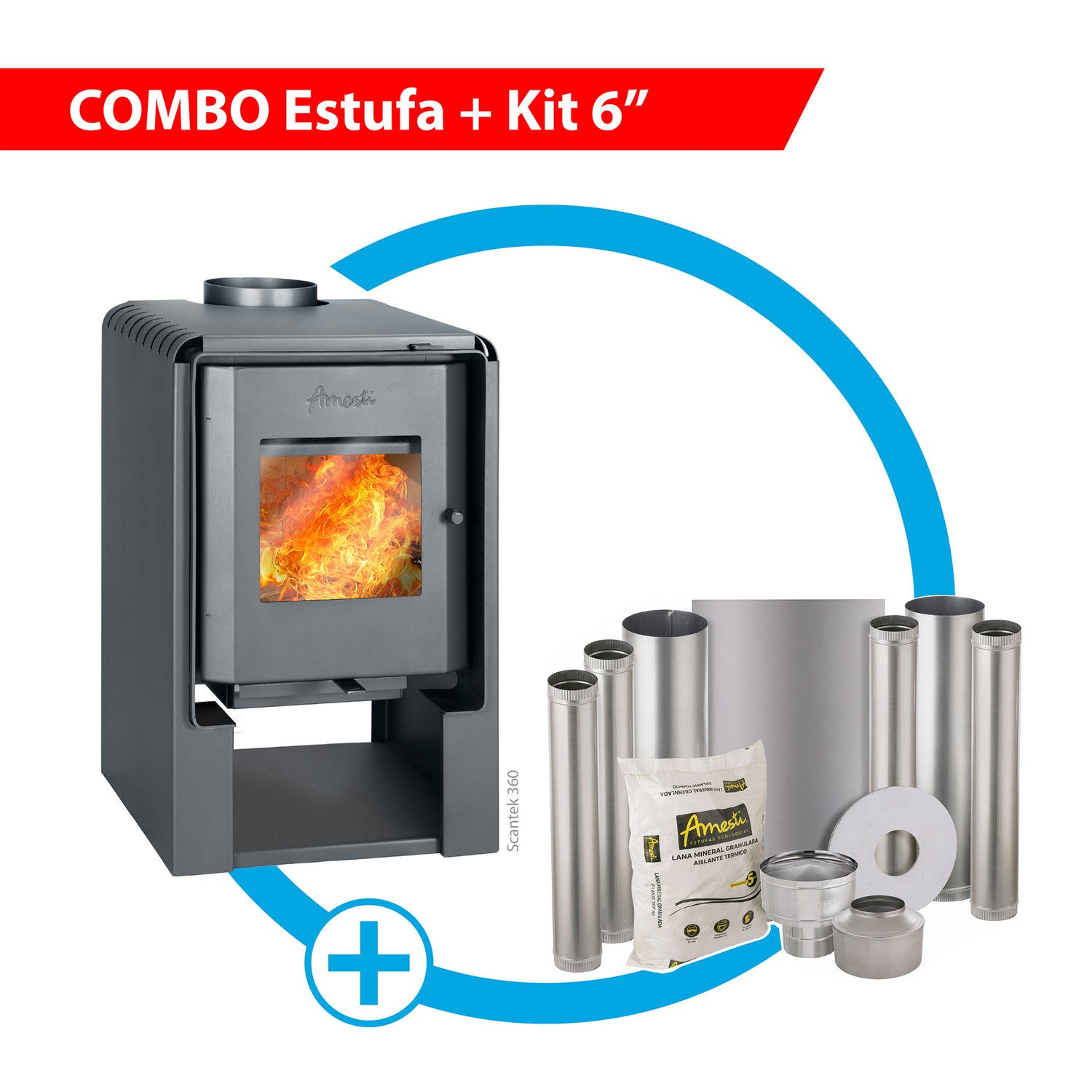 Combo Estufa a leña Scantek 360 más Kit de instalación 6" Amesti