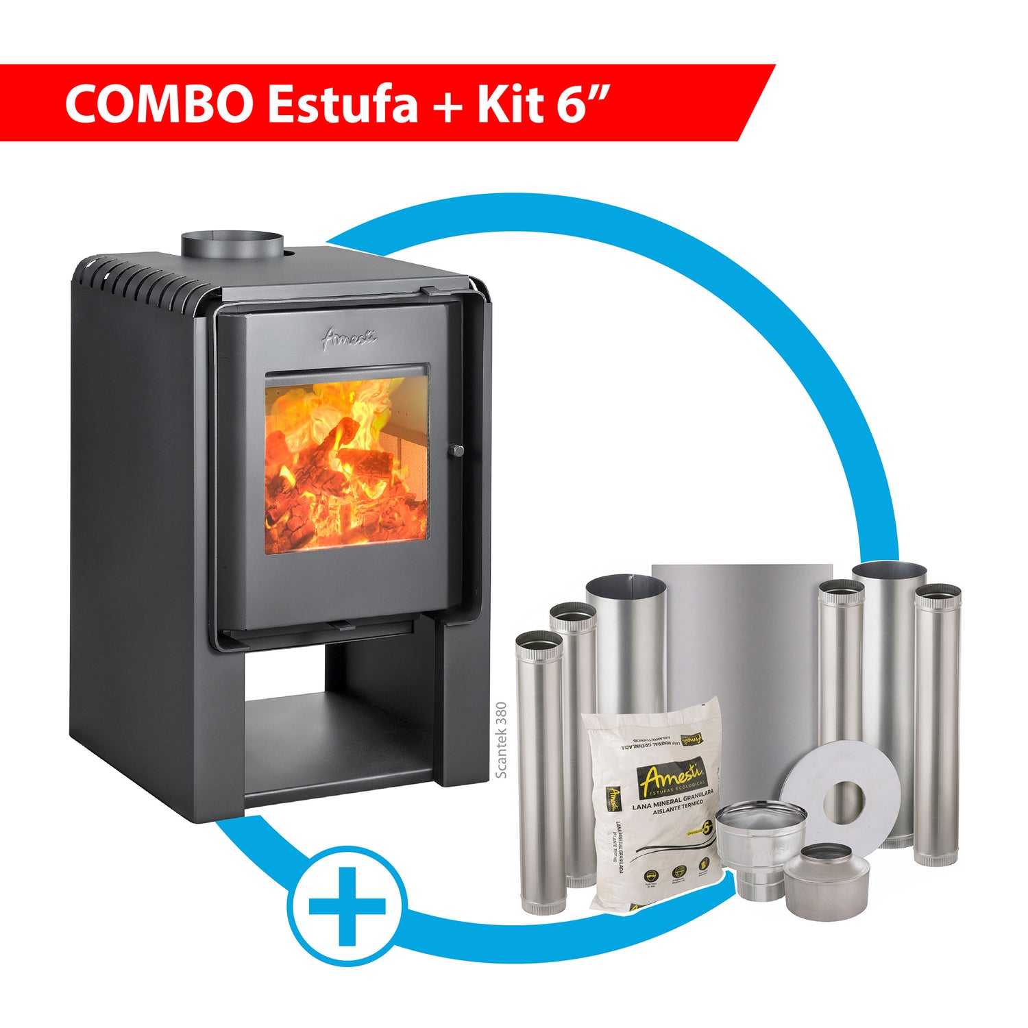 Combo Estufa a leña Scantek 380 más Kit de instalación 6" Amesti