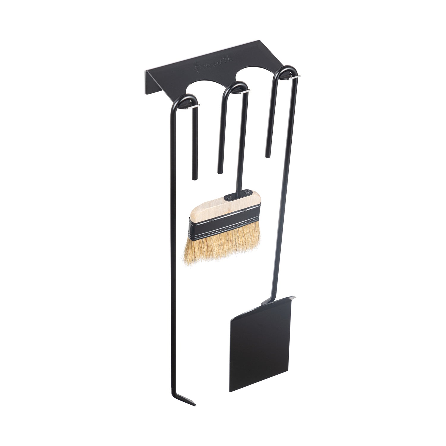 Set de herramientas para muro con atizador, escobilla y pala, soporte metálico
