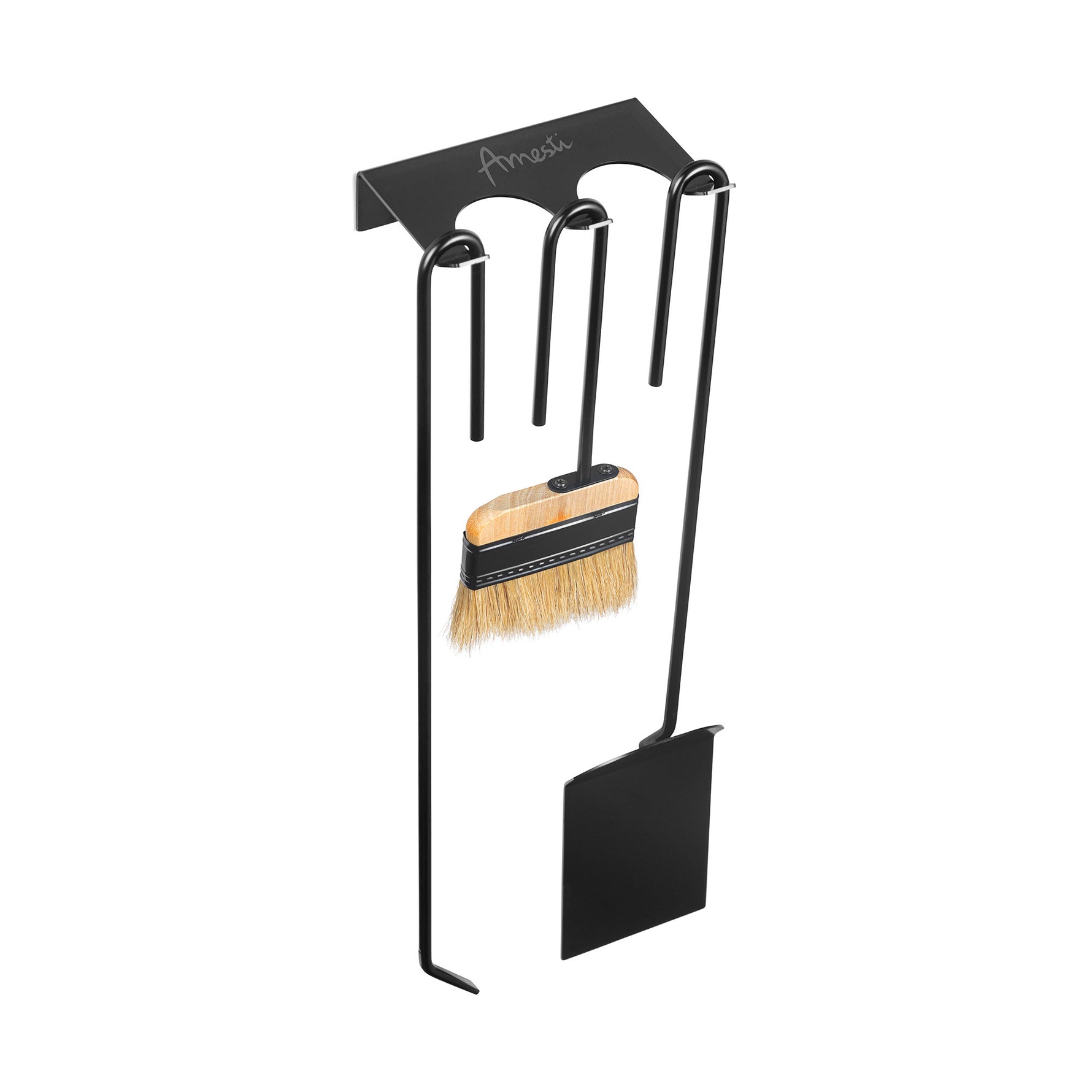 Set de herramientas para muro con atizador, escobilla y pala, soporte metálico