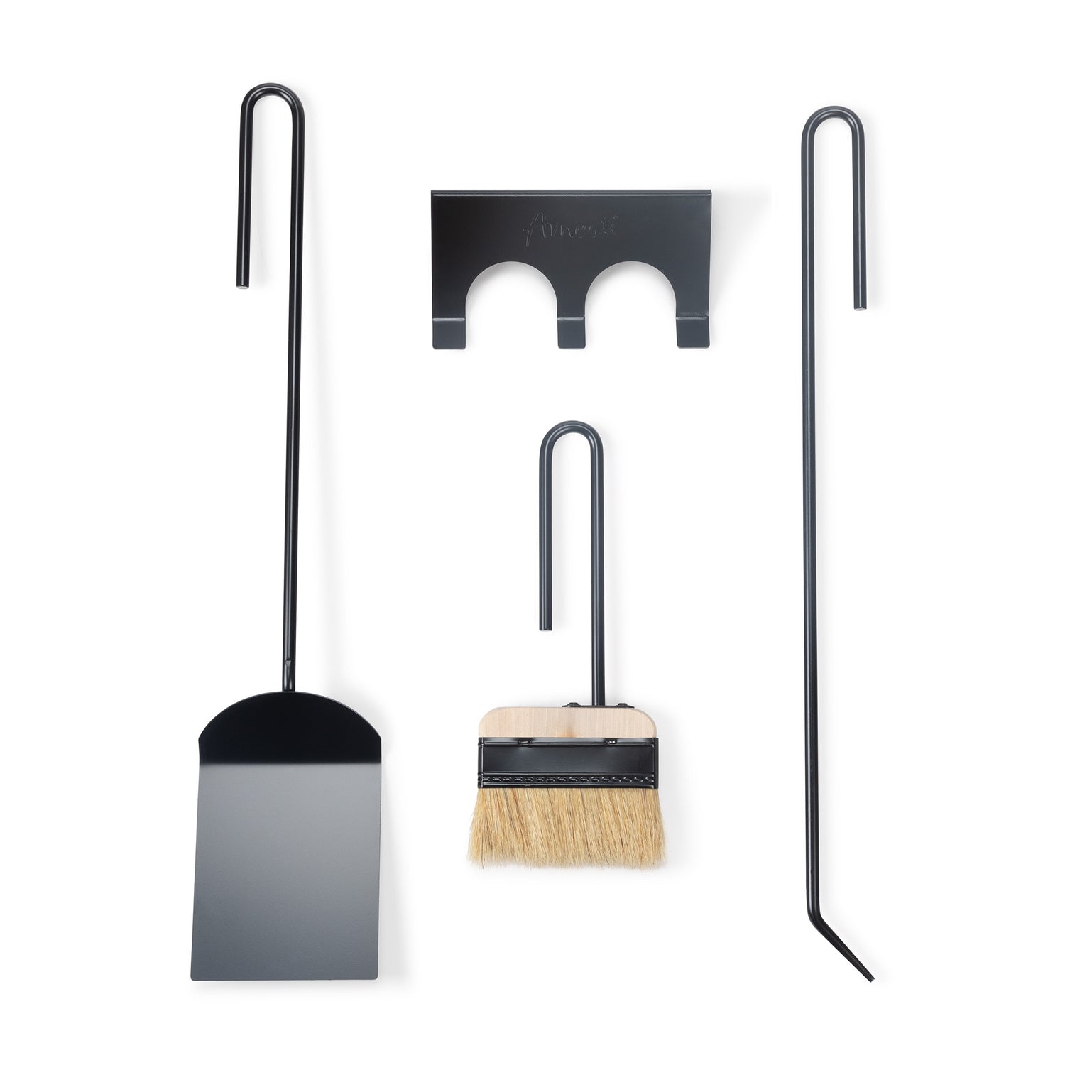 Set de herramientas para muro con atizador, escobilla y pala, soporte metálico